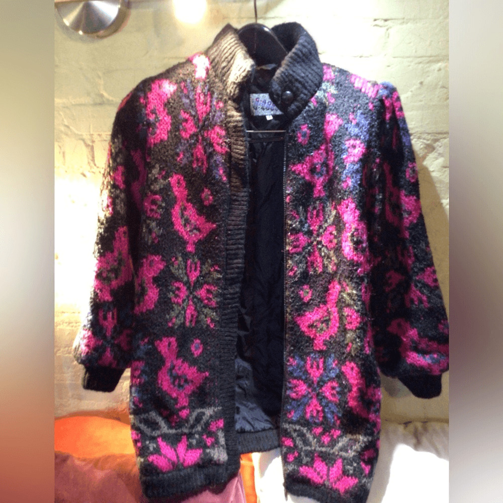 Vintage Boho Birds Floral Knit Women's Jacket - Black and Pink
